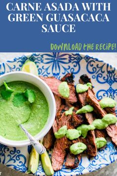 grilled steak with green guacamole sauce on a blue and white plate