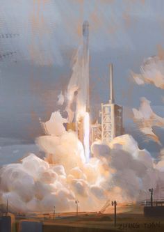 a painting of a rocket taking off into the sky