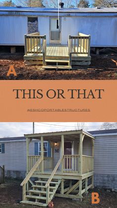 the before and after pictures of a mobile home with steps leading up to the front door