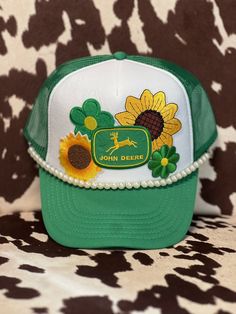 "John Deere" Trucker Hat., Otto Brand, this item can be customized with other patches and/or initials/numbers Green Snapback Hat With Embroidered Patch, Flat Brim Hats With Logo Patch For Spring, Vintage Trucker Hat For Country Events, Retro Adjustable Hat With Embroidered Patch, Hats With Patches, Curved Brim, One Size Fits Most, Spring Hats With Patches, One Size Fits Most, Spring Cap With Patches, Spring Snapback Hat With Patches, Vintage Adjustable Hat With Embroidered Patch