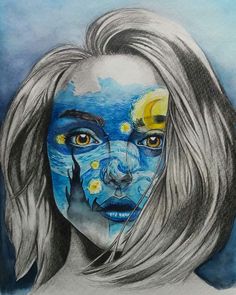 a drawing of a woman's face with blue and yellow paint on her face