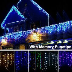 christmas lights are hanging from the roof of a house with memory function on it's side