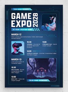 the game expo flyer is designed to look like an advertisement