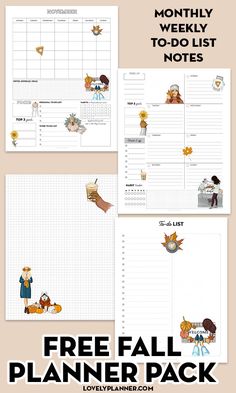 the free fall planner pack is shown in three different colors