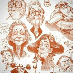 an image of cartoon faces drawn in pencil on white paper with red marker pen and ink