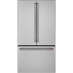 a stainless steel refrigerator freezer with two doors and one drawer on the bottom shelf