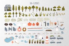 an illustrated set of various plants and trees