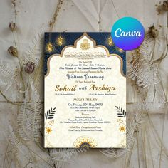 The Arch Theme of the Islamic digital invitation card for the Nikkah Engagement ceremony in Cream background color. This Muslim Wedding e-invite card is perfectly suitable for Muslim families and it's available in English language. It includes elements such as a Golden lantern, mandala, blue leaves, Bismillah calligraphy, golden arch, blue pattern, and golden tulips. ITEM OVERVIEW: * Instant Canva DIY template editable template link * Design Number: 2642 * Ceremony: Muslim Marraige | Nikah | Walima | Islamic wedding | Nikkah | Reception WHAT YOU CAN CHANGE: * Editable all text, text colors & text sizes can be changed. * You can add or remove any unwanted elements from the template. * You can change the size of the artwork by smart resizing. * Adjust the font style, size, and color using th Walima Card Design, Nikkah Ceremony Invitation Card, Nikkah Invitation Cards