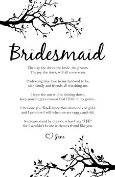 a wedding card with the words bridesmaid written in black ink on white paper