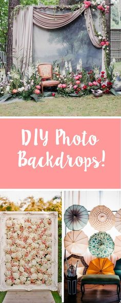 an outdoor photo backdrop with flowers and umbrellas