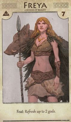 a card with an image of a woman holding a spear and standing next to a boar