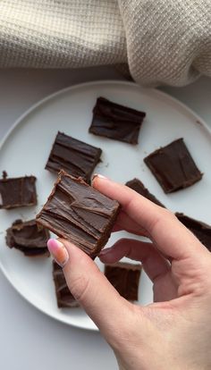 a person holding a piece of chocolate cake on a plate