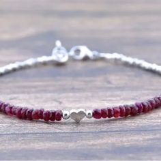 Ruby Red And Silver Heart Beaded Bracelet Red Gemstone Bracelet, Tory Burch Bracelet, Friendship Bracelets With Beads, Ruby Bracelet, Red And Silver, Garnet Bracelet, Red Gemstones, Gold Plated Bracelets, Heart Beads