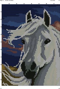 a cross stitch pattern of a white horse in front of a blue sky with clouds