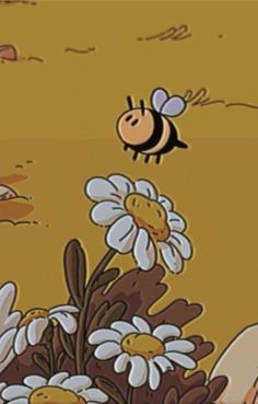 a cartoon bee flying over some daisies in the air with another bum hovering above it