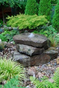 a garden with rocks and plants in the foreground, water spouting from top