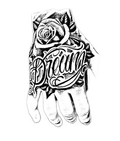 a black and white drawing of a hand with the word dream on it's palm