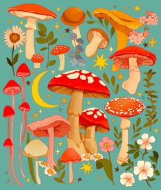 a painting of mushrooms and flowers on a green background