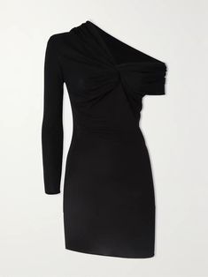 SAINT LAURENT Asymmetric draped stretch-jersey mini dress | NET-A-PORTER Black Fitted Draped One-shoulder Dress, Black Fitted Draped One Shoulder Dress, Fitted Black One-shoulder Draped Dress, Saint Laurent Dress, Matching Separates, Eyewear Shop, Beauty Accessories, Black Stretch, Jeans Dress