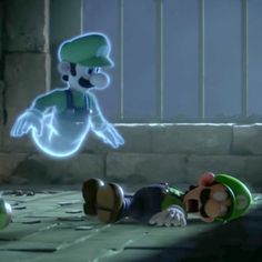 an animated character laying on the ground next to another character in luigi's adventure