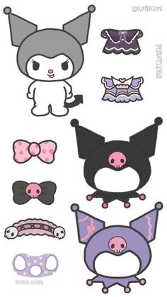 Kuromi Printables, Kuromi Paper Doll, Kuromi Template, Hello Kitty Paper Dolls, Sanrio Stickers Printable, Printable Sanrio, Sanrio Printables, Kuromi Doll, Hello Kitty Paper