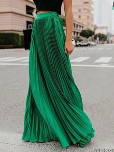 Poprose - Pink Pleated Long Skirt for Women Spring Green High-waisted Pleated Skirt, High Waist Green Maxi Skirt For Party, High Waist Green Pleated Skirt For Spring, Green Pleated Party Bottoms, Green Pleated Bottoms For Party, Chic Green Pleated Maxi Skirt, Green Non-stretch Pleated Maxi Skirt, Knit Shirt Dress, Pleated Long Skirt