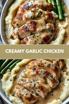 creamy garlic chicken with mashed potatoes and asparagus