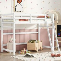 a child's bedroom with pink walls and white bunk beds