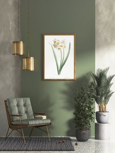 a living room with a chair, potted plant and a poster on the wall