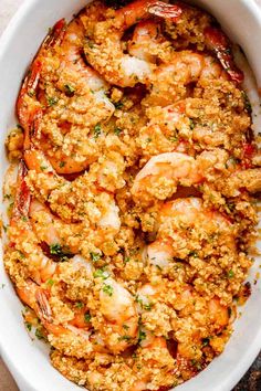 shrimp and rice casserole in a white dish