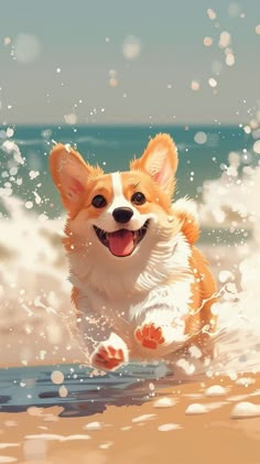 a painting of a dog running on the beach with water splashing all around him