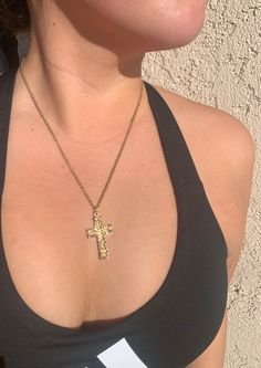 "Make this gorgeous cross necklace yours. Gold plated Marked \"Korea\" In excellent condition Length (unclasped in its entirety): 20\"" Cross Pendant Chain Necklace, Clavicle Chain Cross Necklace, Spiritual Cross Necklace With Adjustable Chain, Gold Crucifix Necklace With Clavicle Chain, Gold Crucifix Cross Necklace With Clavicle Chain, Spiritual Metal Cross Necklace, Adjustable Chain Cross Pendant Necklace, Metal Cross Pendant Necklace, Gold Cross Necklace With Adjustable Chain