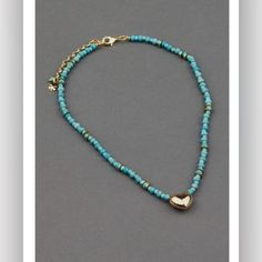 Lucky Brand Turquoise Heart Choker Necklace Blue Turquoise Heart Pendant Necklace, Blue Turquoise Necklace With Heart Charm For Gift, Blue Turquoise Necklace With Heart Charm As Gift, Turquoise Heart Beaded Necklaces As Gift, Turquoise Heart Necklace With Heart Beads, Turquoise Heart Beaded Necklace For Gift, Turquoise Heart-shaped Beaded Necklace Gift, Adjustable Blue Heart-shaped Beaded Necklaces, Adjustable Blue Heart Beaded Necklaces