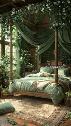 a canopy bed in a bedroom with green drapes on the ceiling and pillows on the floor