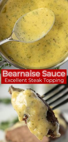 a spoon full of cheese sauce on top of a piece of bread with the words beannaise sauce over it