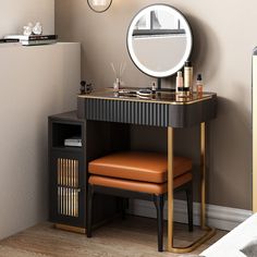 a dressing table with a mirror, stool and other items on it in a room