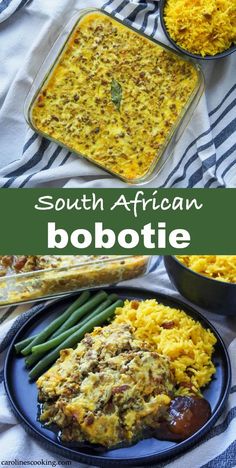 south african food is shown on a plate with green beans and rice in the background