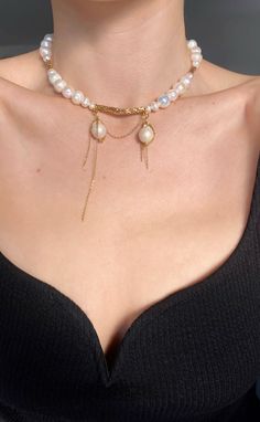 Gold Pearl Clavicle Chain Choker, Gold Pearl Choker With Clavicle Chain, Gold Pearl Chain Choker, Baroque Pearl White Choker Necklace, Delicate Handmade Gold Pearl Necklace, Gold Baroque Pearl Choker Necklace, Baroque Pearl Choker Necklace In Pearl White, Handmade Delicate Gold Pearl Necklace, Gold Kundan Pearl Choker Necklace