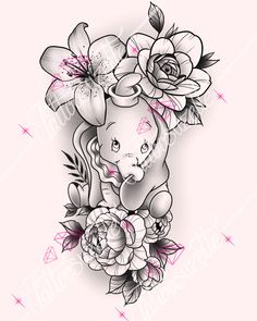 an elephant and flowers tattoo design on the back of a woman's shoulder,