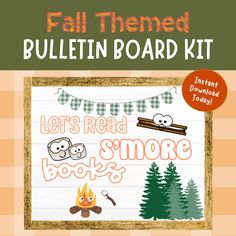 the fall themed bulletin board kit includes an image of a campfire, fire and trees