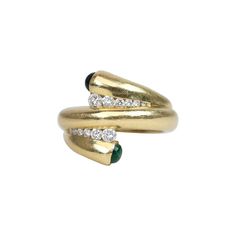 Luxury Gold Emerald Ring With Gemstone Accents, Yellow Gold Emerald Cabochon Ring, Gold Multi-stone Oval Cabochon Ring, Gold Cabochon Diamond Ring Fine Jewelry, Gold Emerald Ring With Diamond And Oval Cabochon, Gold Ring Designs, Bypass Ring, Ring With Diamond, Diamond Rings