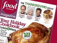 a magazine cover with a turkey on the front and an ad for food network's thanksgiving issue