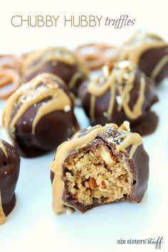 chocolate covered pretzels with peanut butter drizzled on them and the words chubby hubby truffles