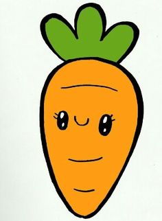 a drawing of a smiling carrot with green leaves on it's head and eyes