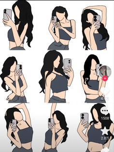 a woman taking a selfie with her cell phone in different positions and showing how to take pictures