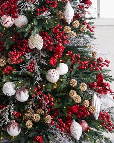 a decorated christmas tree with red and white ornaments