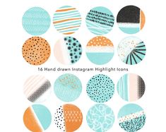 an assortment of hand drawn instagram highlight icons in blue, orange and white colors