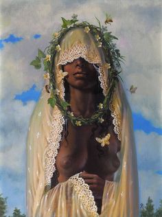 a painting of a woman wearing a veil with flowers around her neck and hands on her chest