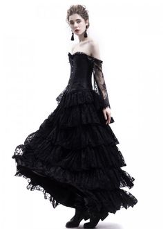 Gothic Lace Formal Dress, Gothic Lace Dress For Formal Occasions, Gothic Wedding Dress With Fitted Bodice, Gothic Evening Dress With Fitted Bodice, Formal Gothic Lace Dress, Fitted Gothic Lace Dress, Formal Corset Dress With Attached Cancan, Lace Dress With Fitted Bodice For Costume Party, Gothic Dresses With Attached Cancan