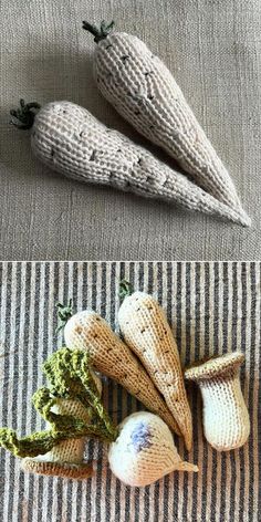 three knitted vegetables sitting on top of a striped table cloth next to each other